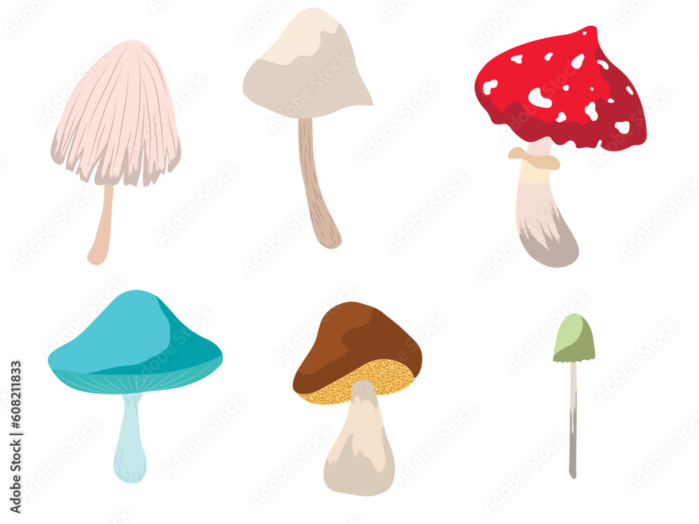 set of vector illustration of different mushrooms. Collection of stylized edible or psychedelic mushrooms. Vector illustration on white background