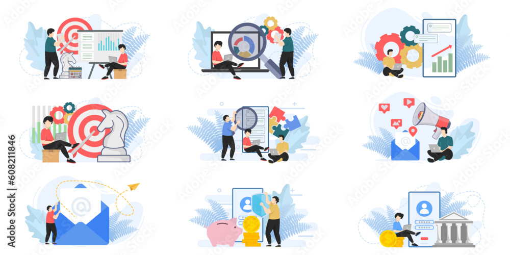 Set of web page design templates for business management, Email Marketing. team building, team building web page composition with people characters. Modern vector illustration concepts