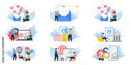 Set of web page design templates for business management, Email Marketing. team building, team building web page composition with people characters. Modern vector illustration concepts