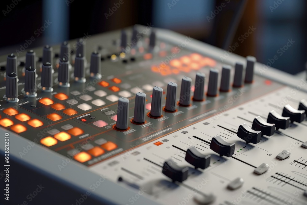 Sound panel for working in the studio and on TV projects. Close-up of the Mixing console. mixing knobs. mix musical tracks on techno party in night club. blurred concept, Generative AI illustration Sound panel for working in the studio and on TV projects. Close-up of the Mixing console. mixing knobs. mix musical tracks on techno party in night club. blurred concept, Generative AI illustration