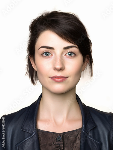 Passbild biometrisch Gesicht Frau mit neutralem Hintergrund, ai generativ photo