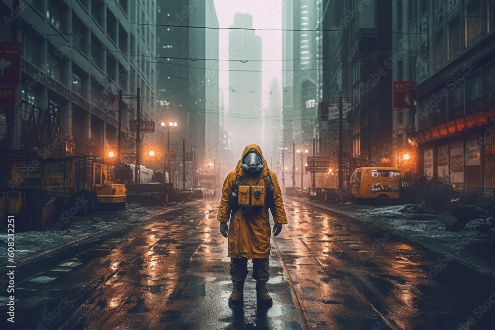 Obraz premium An image showcasing a lone survivor wearing a protective hazmat suit, armed with weapons and navigating through the desolate streets. Generative Ai