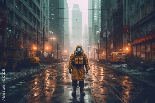 An image showcasing a lone survivor wearing a protective hazmat suit, armed with weapons and navigating through the desolate streets. Generative Ai photo