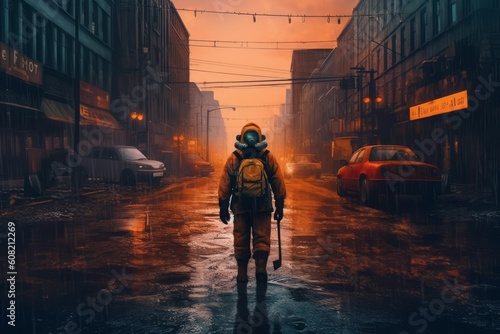 An image showcasing a lone survivor wearing a protective hazmat suit, armed with weapons and navigating through the desolate streets. Generative Ai