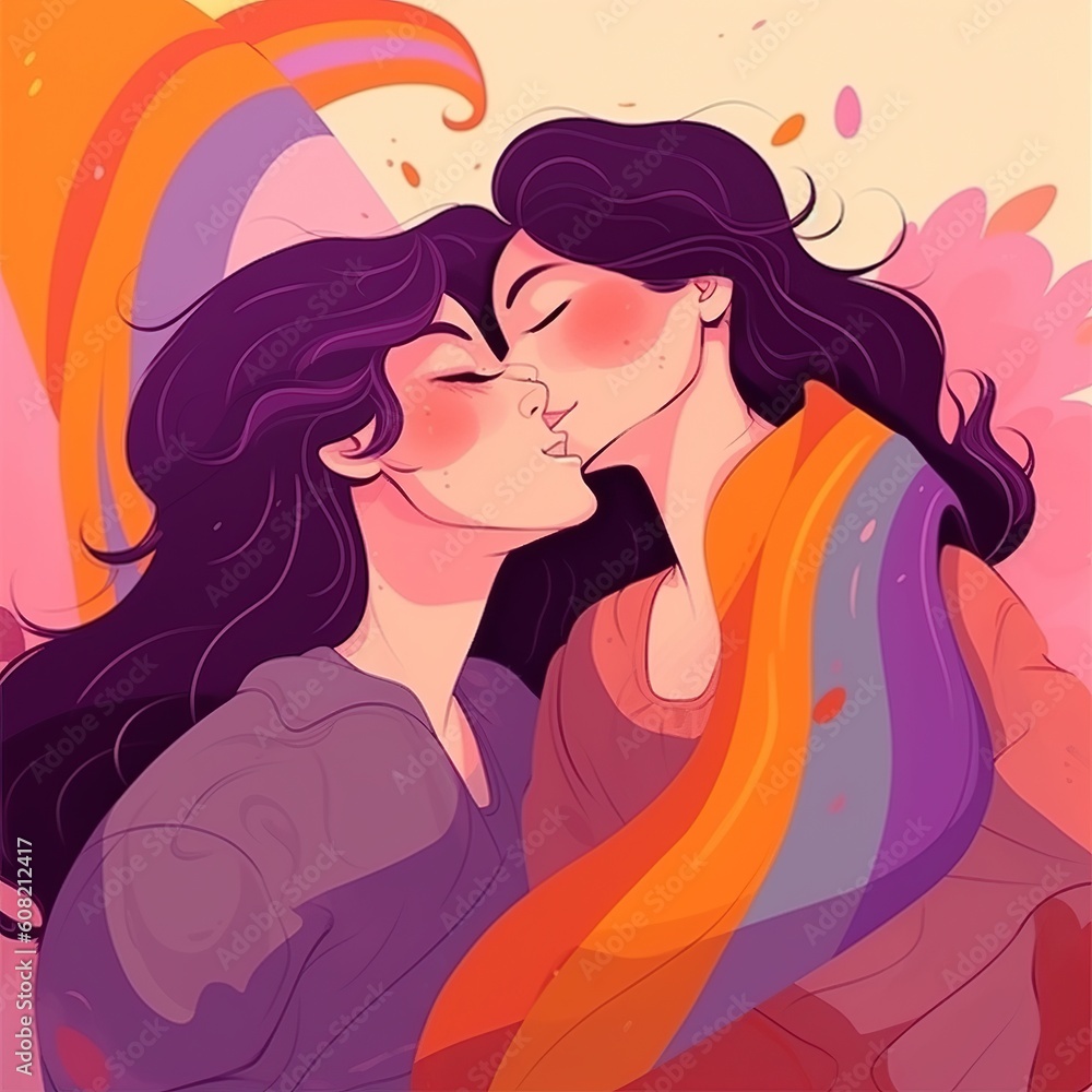illustration lesbian couple kiss Generative AI