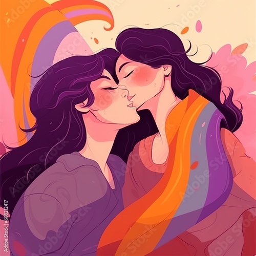 illustration lesbian couple kiss Generative AI
