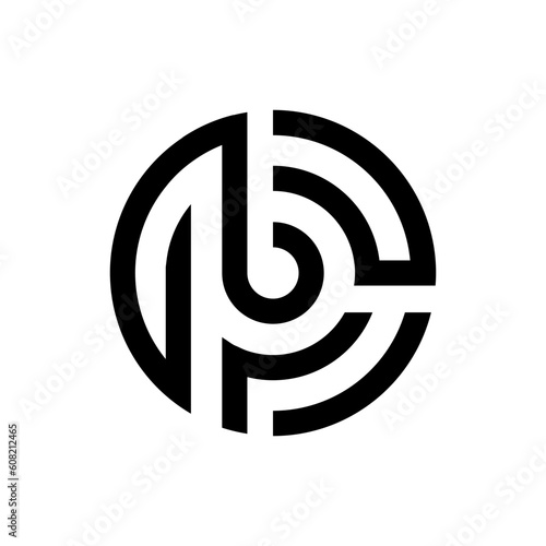 Black and white labyrint like circle letters cp, pc, cpb for tech industry, crypto world, ai 