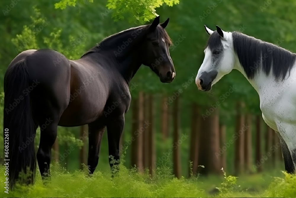black horse and white horse for a walk in a green forest on a sunny day,  AI Generated