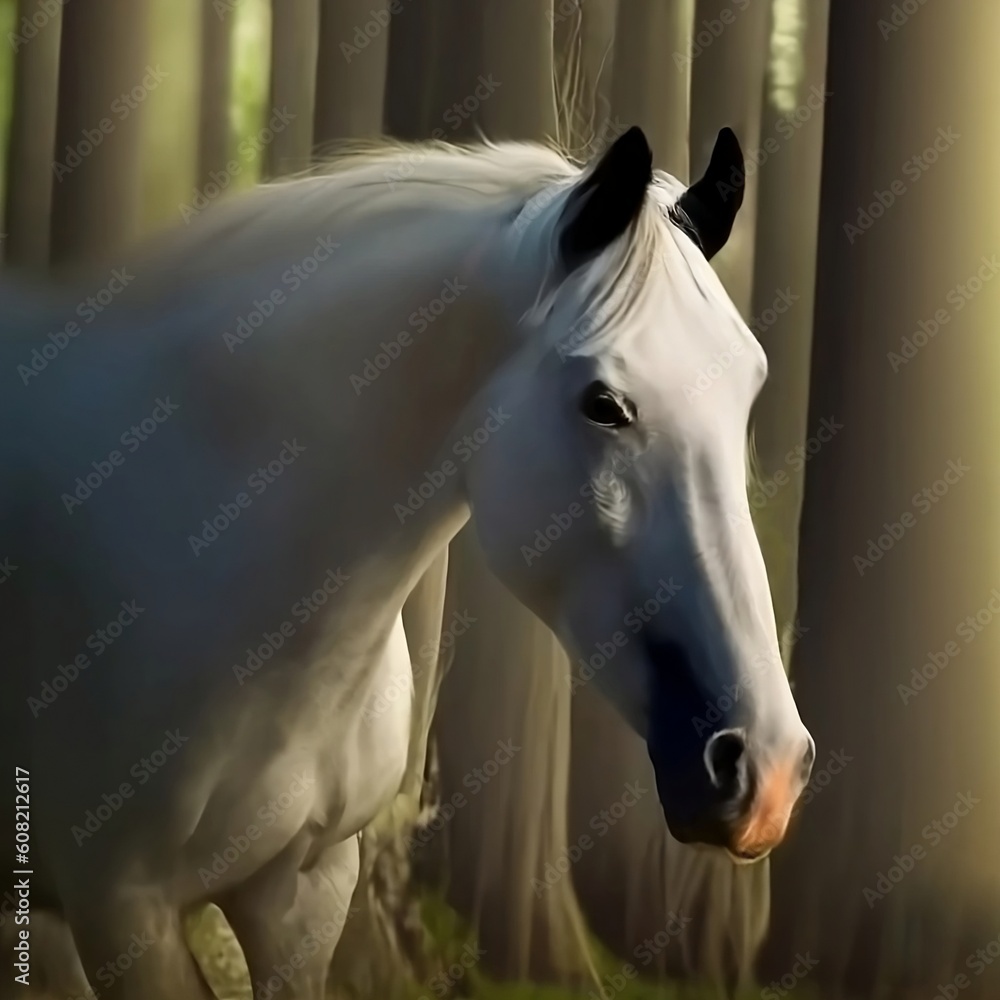 black horse and white horse for a walk in a green forest on a sunny day,  AI Generated