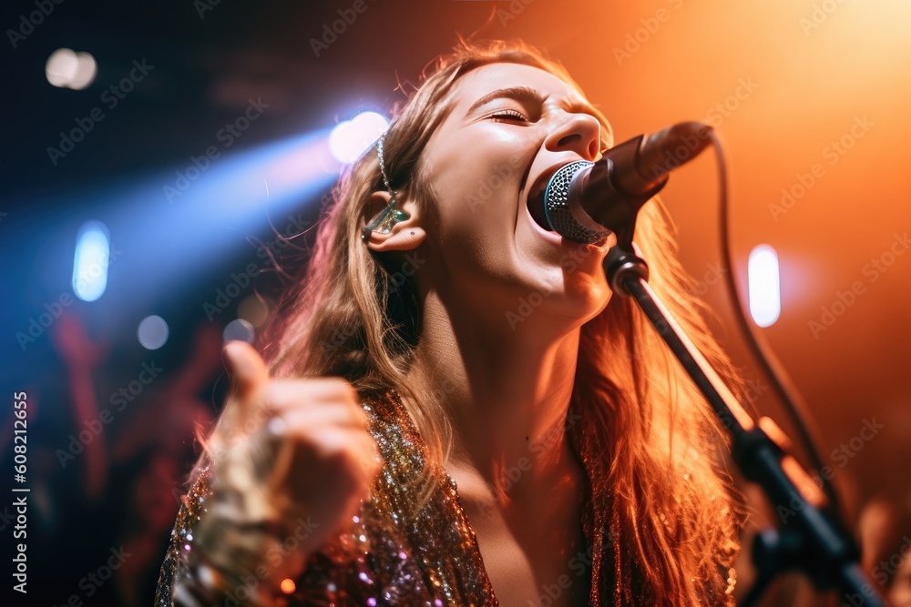 Close up of a beautiful woman rocking singer out at a concert at night, AI generated Close up of a beautiful woman rocking singer out at a concert at night, AI generated