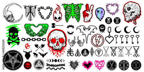 Big set of different Gothic style design for prints. Trendy style illustration. T-shirt print for Horror or Halloween. Hand drawing illustration isolated on background. Vector EPS 10