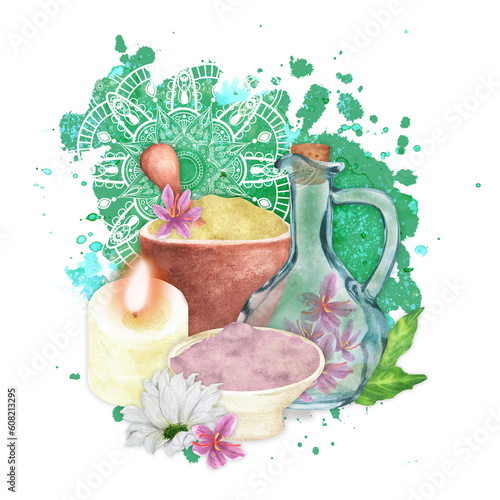 Hand drawn watercolor illustration. Ayurveda. Glass jug with saffron flowers, ceramic mortar with herbal powder and pestle, a cup with powder and lighting candle. Watercolor background with mandala
