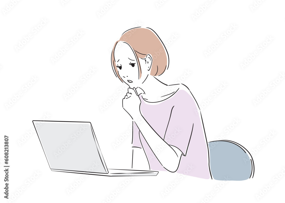 ノートパソコンで作業をしながら悩む女性
ノートパソコンで作業をしながら悩む女性