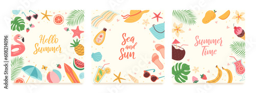 Set of vector summer cards with hand drawn tropical leaves, flowers, exotic fruits, seashells. Collection beach summer backgrounds. Modern template for poster, banner, social media post, cover.