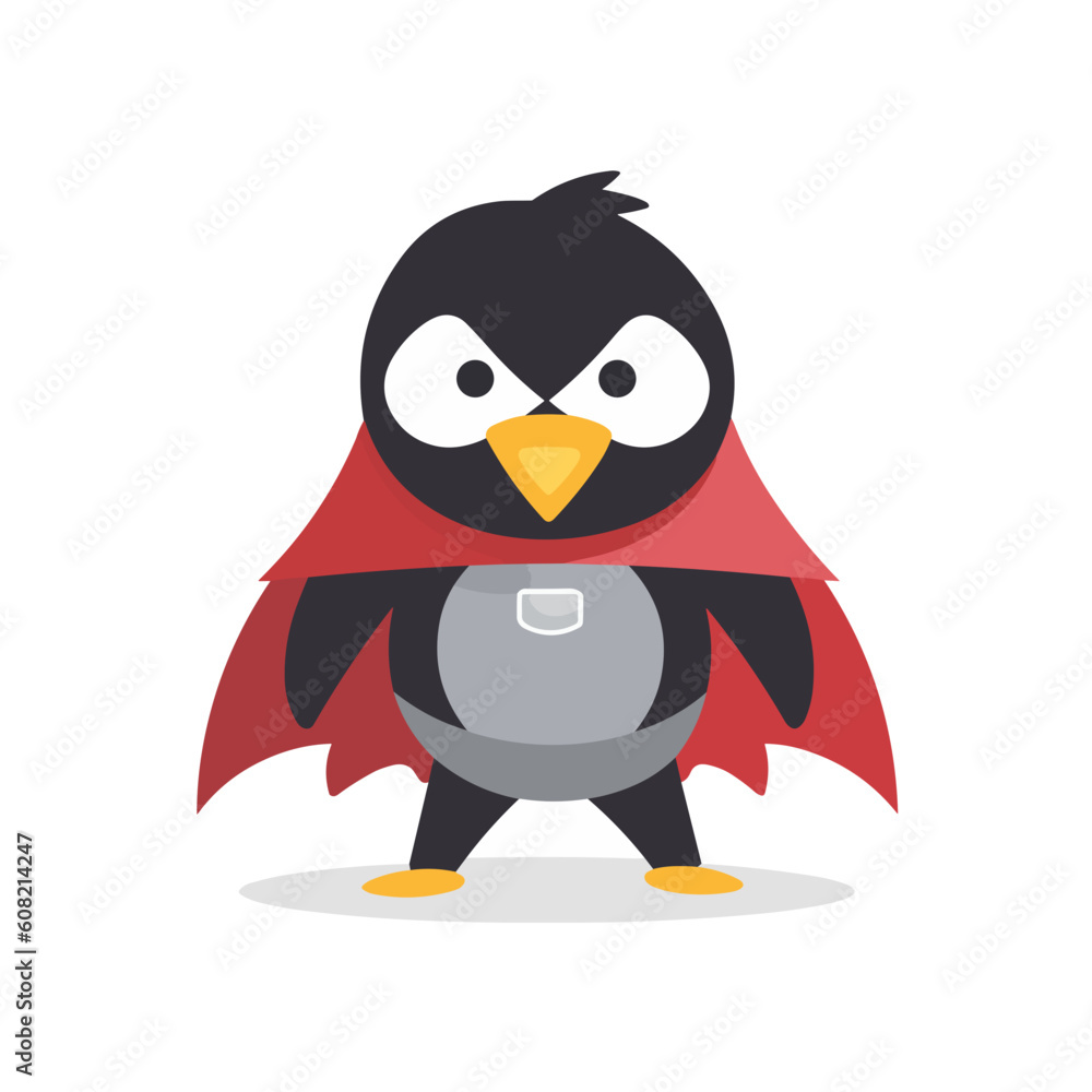 Obraz premium Superhero penguin, sticker clipart for kids, simple and cute. vector art