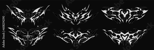 Succubus Y2K womb tattoo. Demon heart sigil with crosses in neo tribal style. Vector set of tattoos