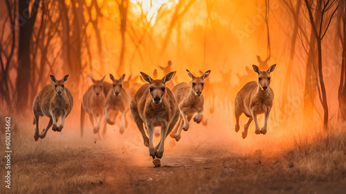 Kangaroos fleeing from a bushfire