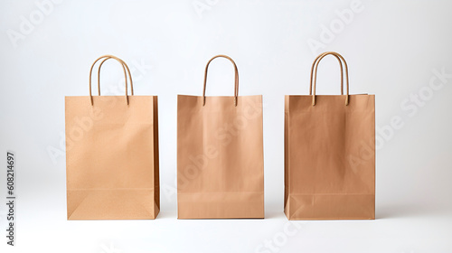 Three cardboard recycled shopping bags. Brown kraft paper mockup packaging eco retail carry bag close up focus photo