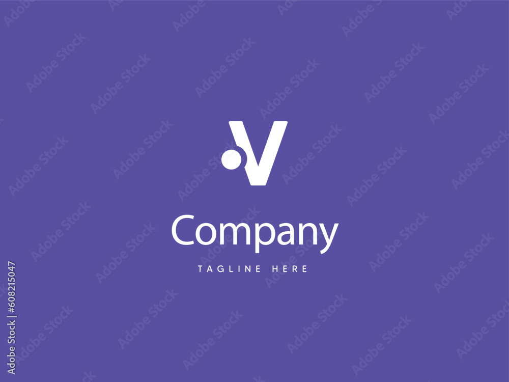 Capital V letter logo design with Purplish Blue background, V type logo with dot, creative letter V logo design template
