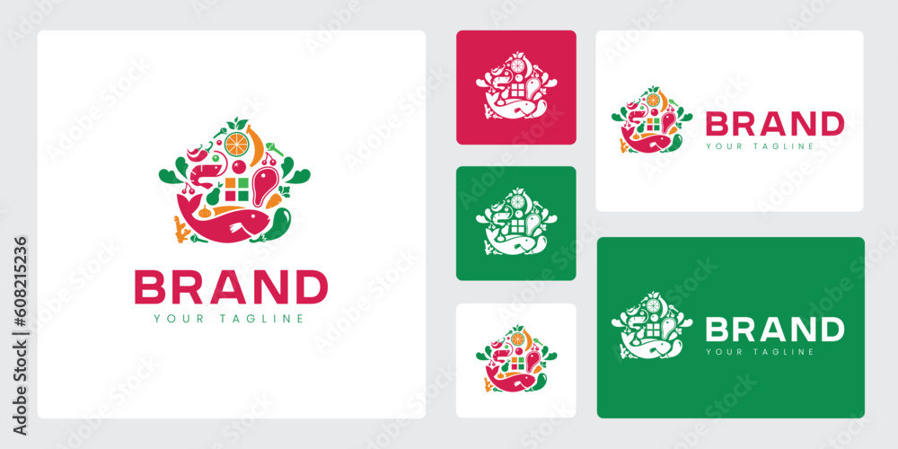 Set of Logos Depicting Food Stores Such as Vegetables, Meat, Fish, and Spices, Arranged to Resemble a House or Shop. This Logo is Suitable for Brand Companies About Food Ingredients. Set of Logos Depicting Food Stores Such as Vegetables, Meat, Fish, and Spices, Arranged to Resemble a House or Shop. This Logo is Suitable for Brand Companies About Food Ingredients.