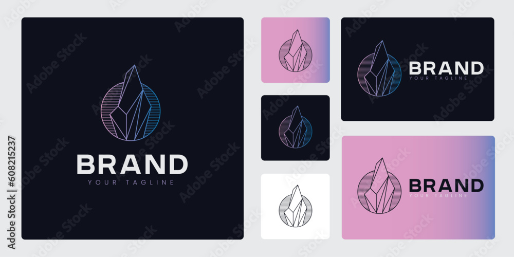 Collection of Minimalist Crystal Rock Logos, With Outline Concepts, and Blue and Purple Gradient Colors. Suitable for Clothing Brand Logos. Collection of Minimalist Crystal Rock Logos, With Outline Concepts, and Blue and Purple Gradient Colors. Suitable for Clothing Brand Logos.