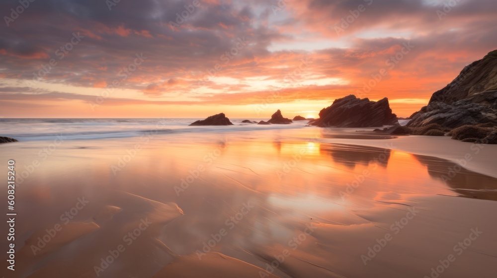 Breathtaking sunset over a serene coast. Beautiful illustration picture. Generative AI