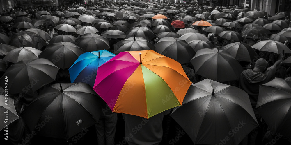 Viele graue Regenschirme und einer in rot hervorgehoben, ai generativ Viele graue Regenschirme und einer in rot hervorgehoben, ai generativ