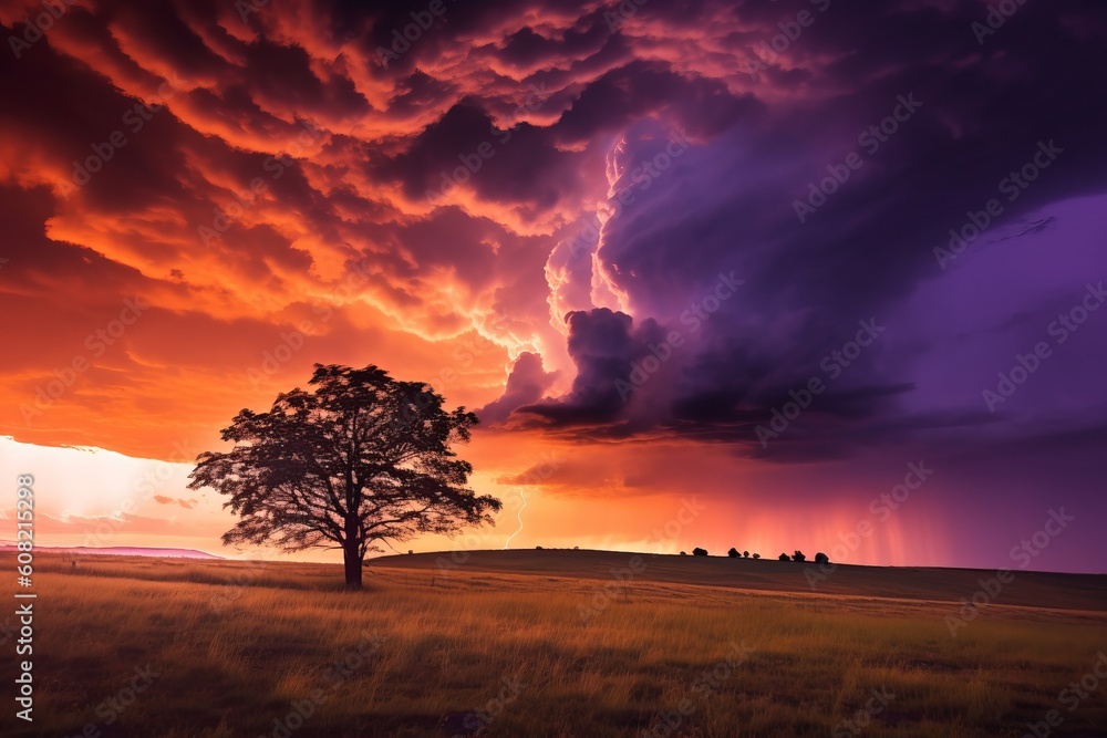 Fiery red and purple clouds. Tree on the field. Beautiful illustration picture. Generative AI