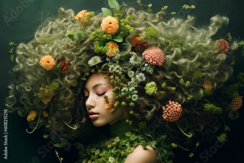 Portrait of woman that is with flowers in hair. Beautiful illustration picture. Generative AI
