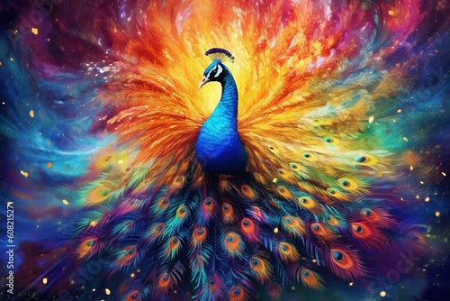 Surreal image of a vibrant peacock with colorful wings. Beautiful illustration picture. Generative AI