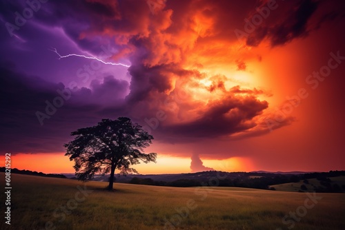 Fiery red and purple clouds. Tree on the field. Beautiful illustration picture. Generative AI