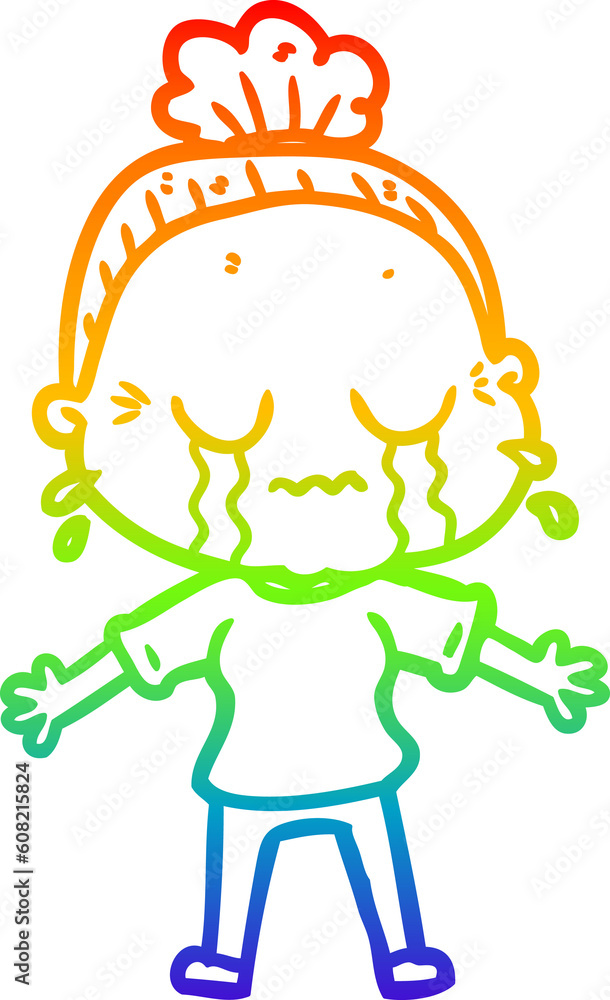rainbow gradient line drawing of a cartoon crying old lady rainbow gradient line drawing of a cartoon crying old lady