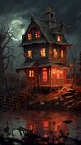 House near river at night time in halloween style. Beautiful illustration picture. Generative AI