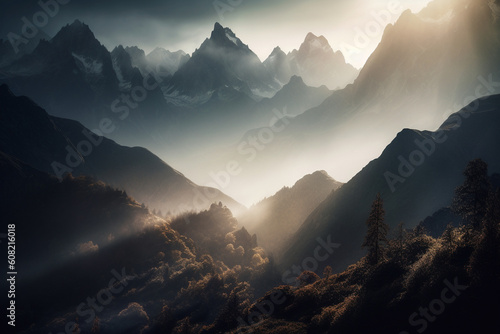 Dramatic mountains peaks in clouds and sun rays. Generative Ai