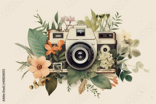 Vintage camera with plants. Beautiful illustration picture. Generative AI photo