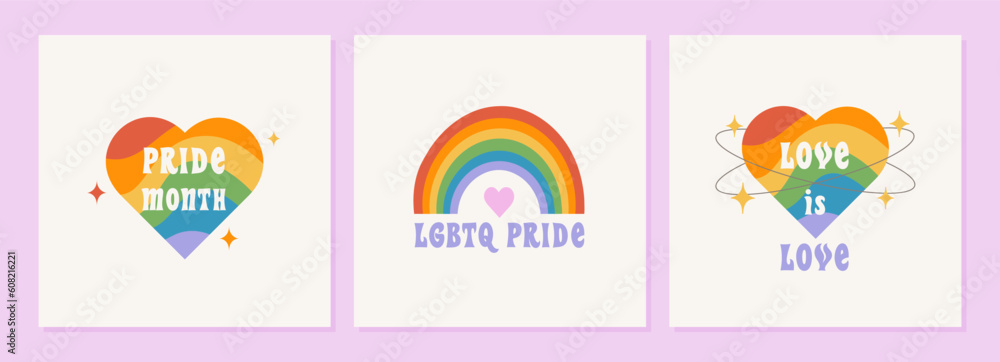 Vector set of retro greeting cards for Pride Month. LGBT colorful backgrounds in vintage groovy hippie style. LGBT rainbow flag, heart shape. Social media stories template.