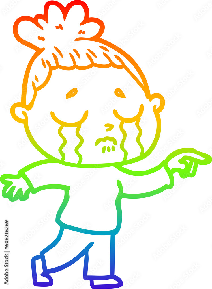 rainbow gradient line drawing of a cartoon crying woman pointing rainbow gradient line drawing of a cartoon crying woman pointing