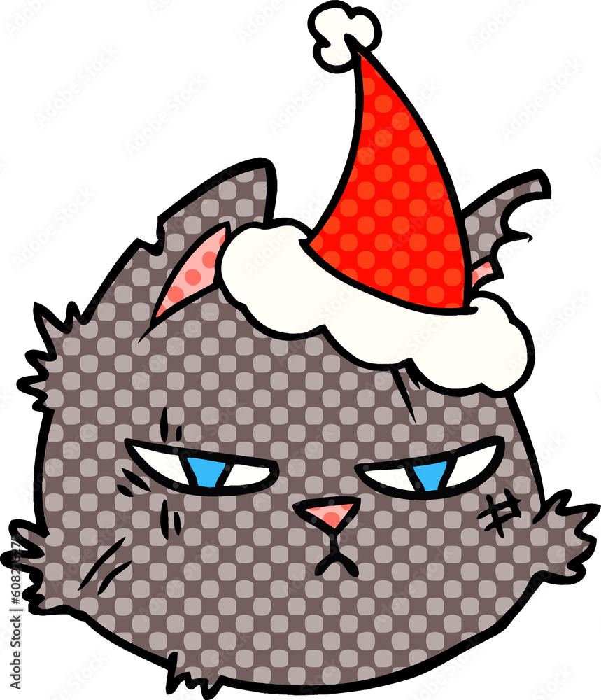 hand drawn comic book style illustration of a tough cat face wearing santa hat hand drawn comic book style illustration of a tough cat face wearing santa hat