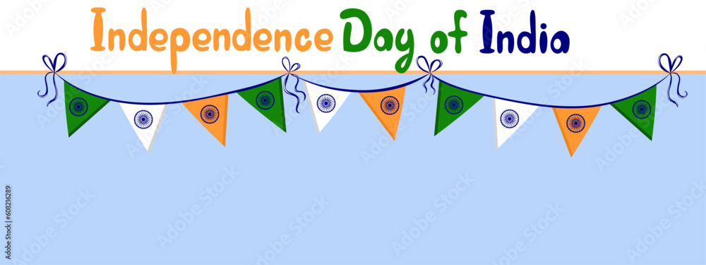 Independence Day of India banner with garland in national flag colours. Lettering. Colourful vector flat illustrations