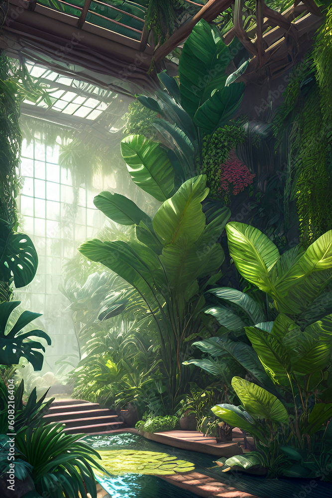 Fototapeta premium Beautiful botanical garden with tropical plants. 3d rendering.