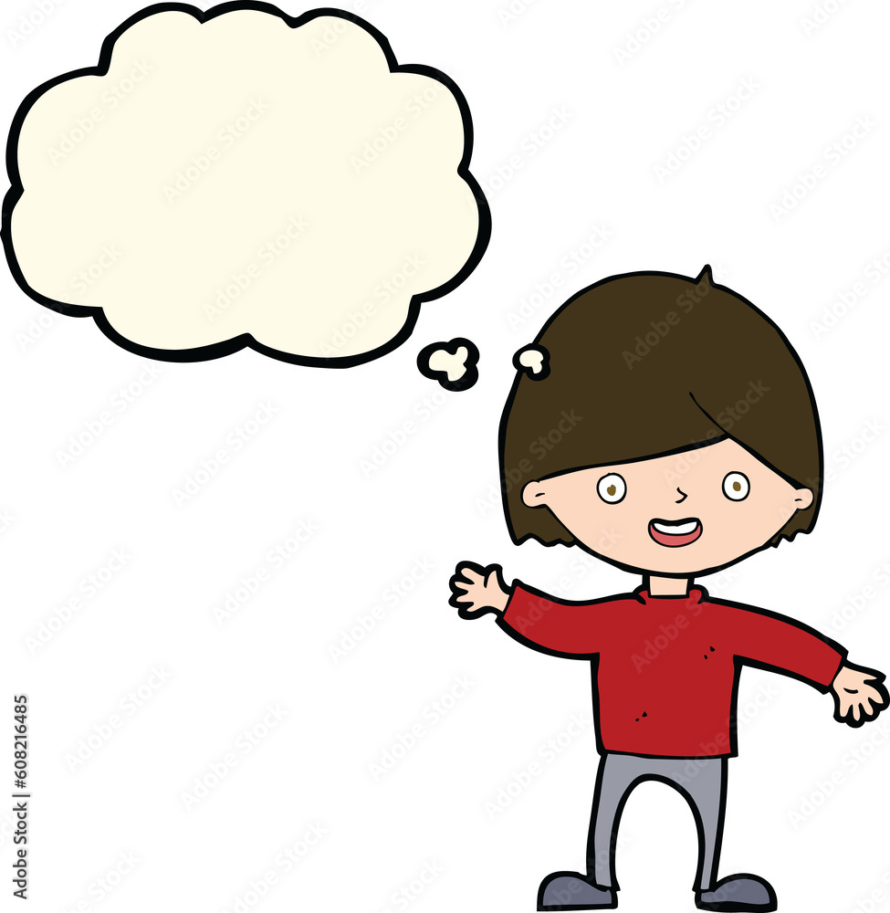cartoon waving boy with thought bubble cartoon waving boy with thought bubble