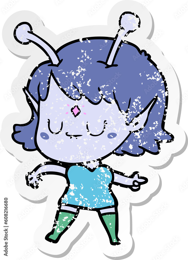 distressed sticker of a cartoon alien girl distressed sticker of a cartoon alien girl