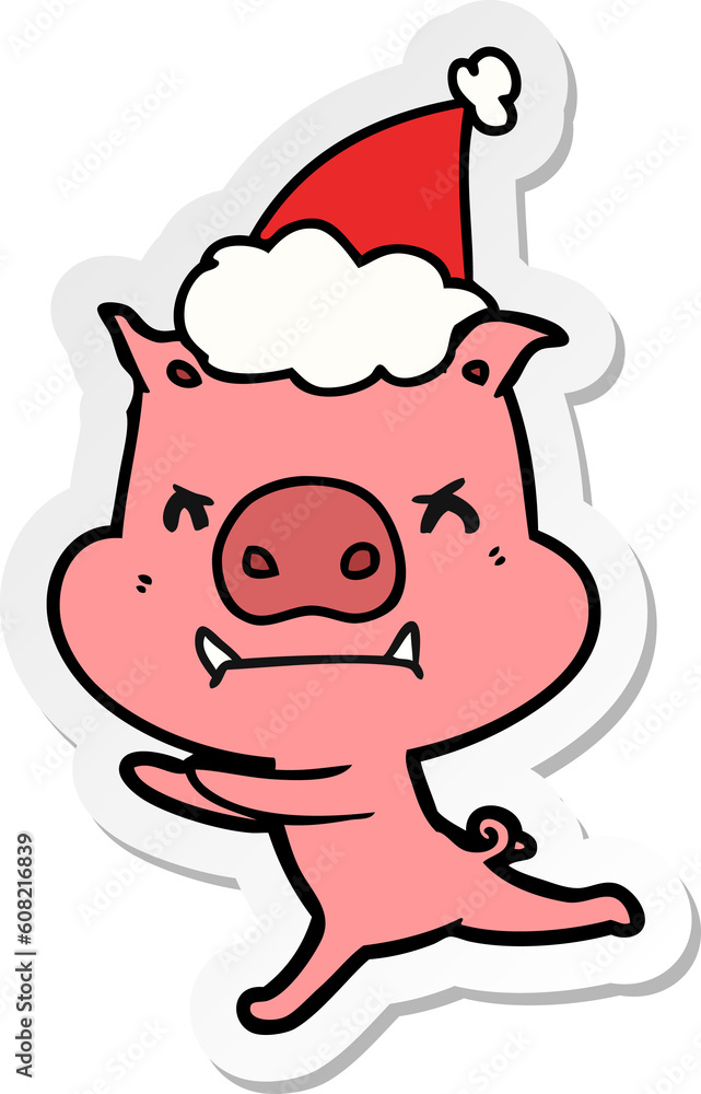 angry hand drawn sticker cartoon of a pig wearing santa hat