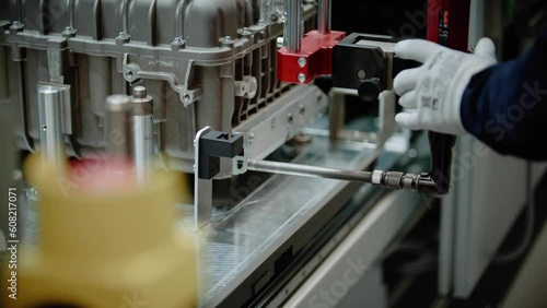 Close up of manufacturing car parts. Automobile industry. Car factory assembly line engineering 