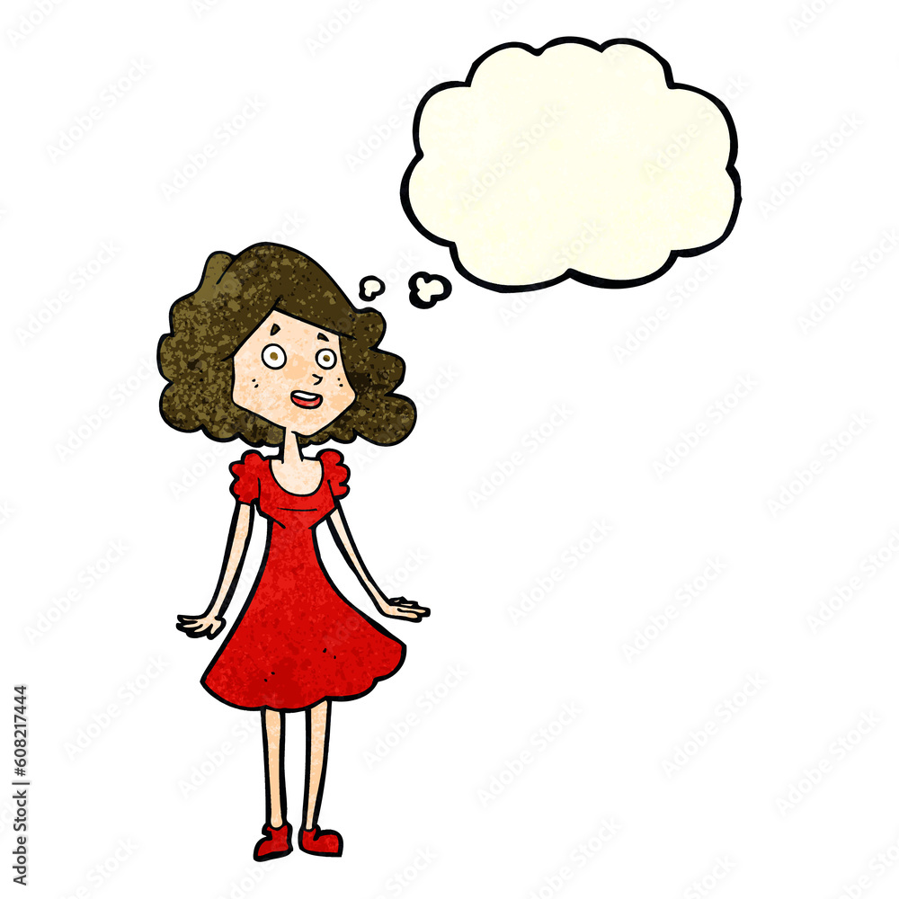 cartoon happy woman in dress with thought bubble cartoon happy woman in dress with thought bubble