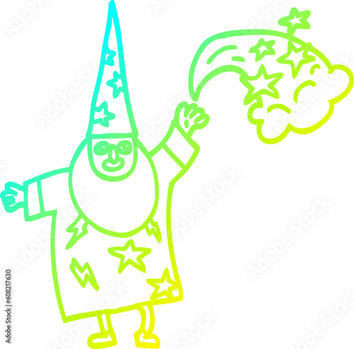 Φωτογραφία cold gradient line drawing of a cartoon wizard casting spell