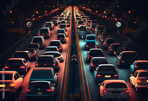 City car traffic at night in a big city on a highway. AI Generated