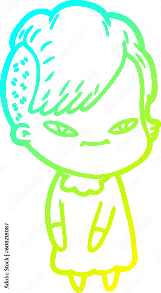 cold gradient line drawing of a cute cartoon girl with hipster haircut cold gradient line drawing of a cute cartoon girl with hipster haircut