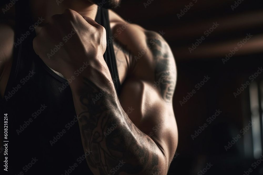 Fototapeta premium Man muscle close up view. Dramatic moody light. Generative AI