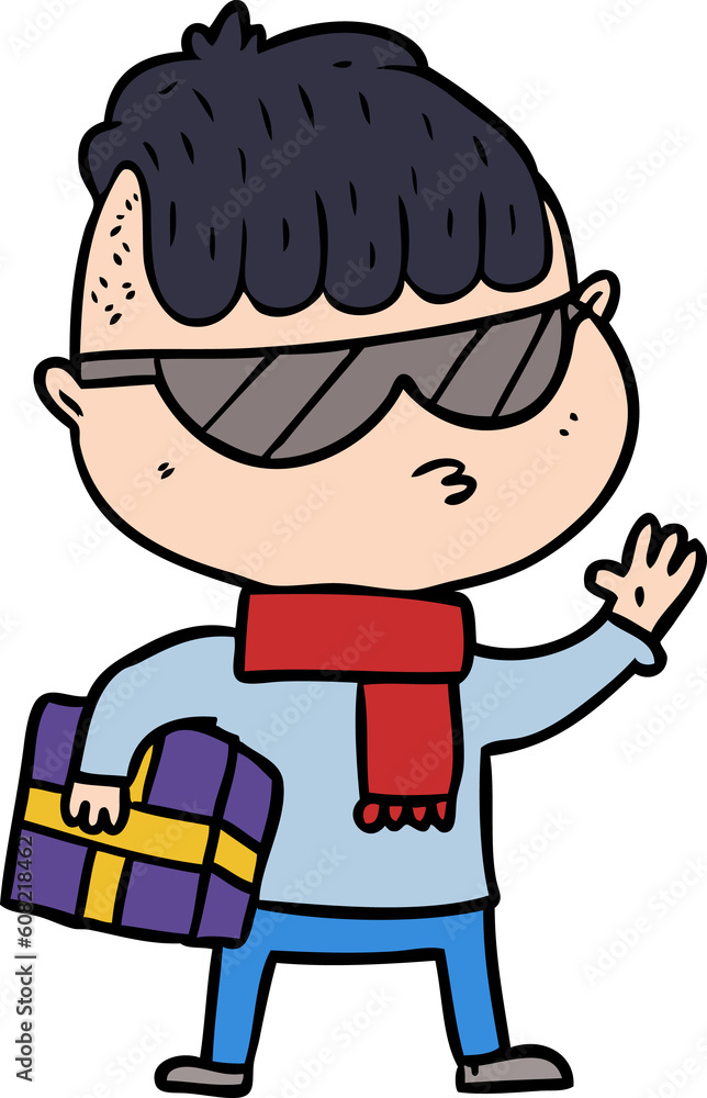 cartoon boy wearing sunglasses carrying xmas gift cartoon boy wearing sunglasses carrying xmas gift